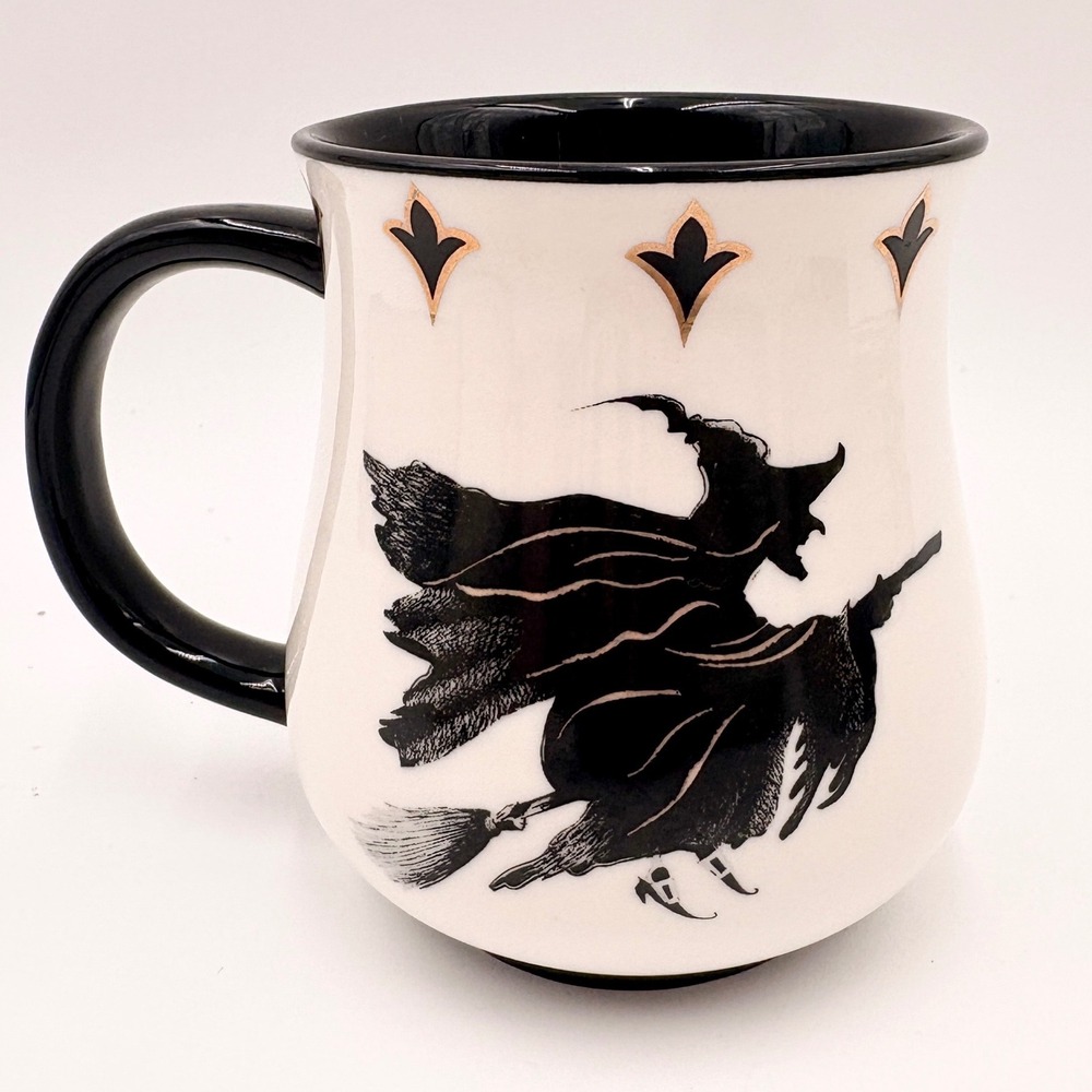 Potters Studio Witch on Broomstick Ceramic Mug Halloween Black White Gold